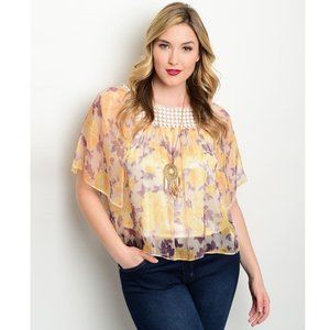 JAJA&CO. Ladies Top Floral Square Neck Sheer Flutter Sleeves Plus Size 1XL  NWT